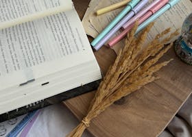 Aufgeschlagenes Buch auf Holztablett – Symbol für Wissen und nachhaltigen Content statt Social-Media-Stress